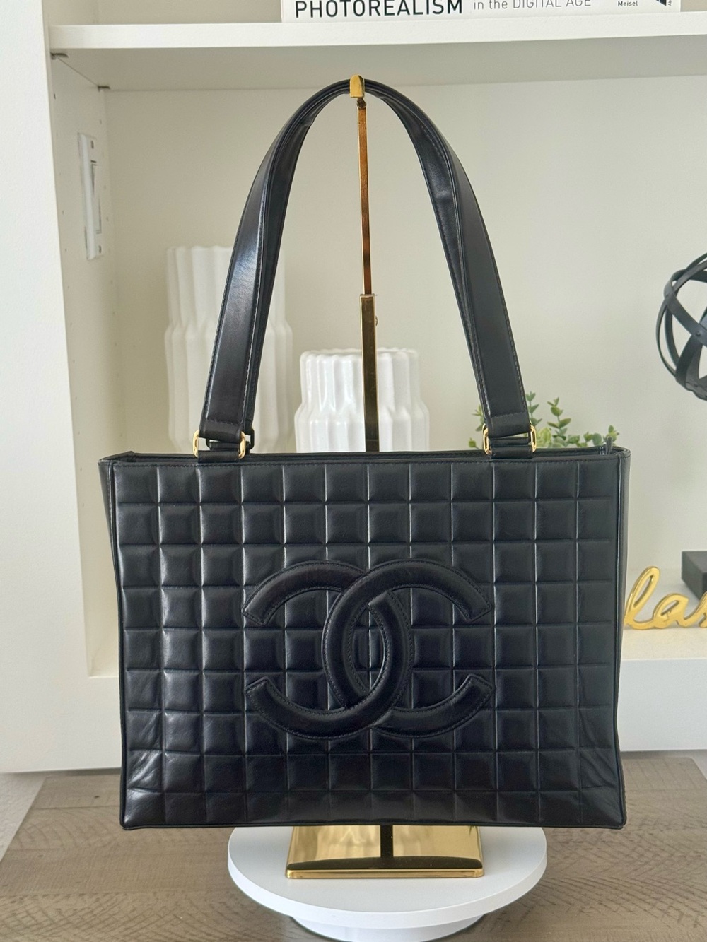 Chanel Chocolate Bar Tote Black Leather Shoulder Bag Large CC